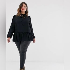 New Look Curve smock tie neck blouse in black